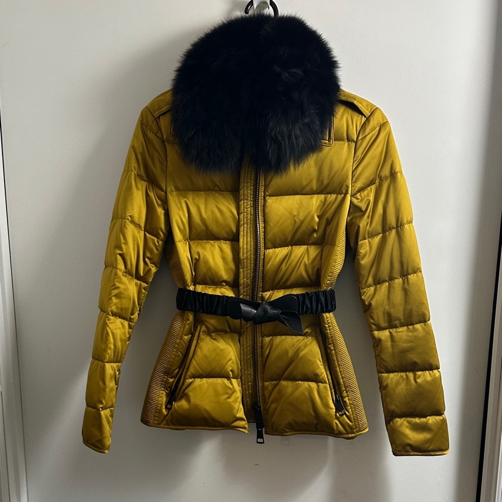 Burberry Yellow Puffer Jacket with Black Fur Collar